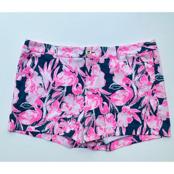 Lilly Pulitzer Callahan Knit Short Inky Navy Flamingle 5" Inseam Size 16 NEW - Picture 1 of 9